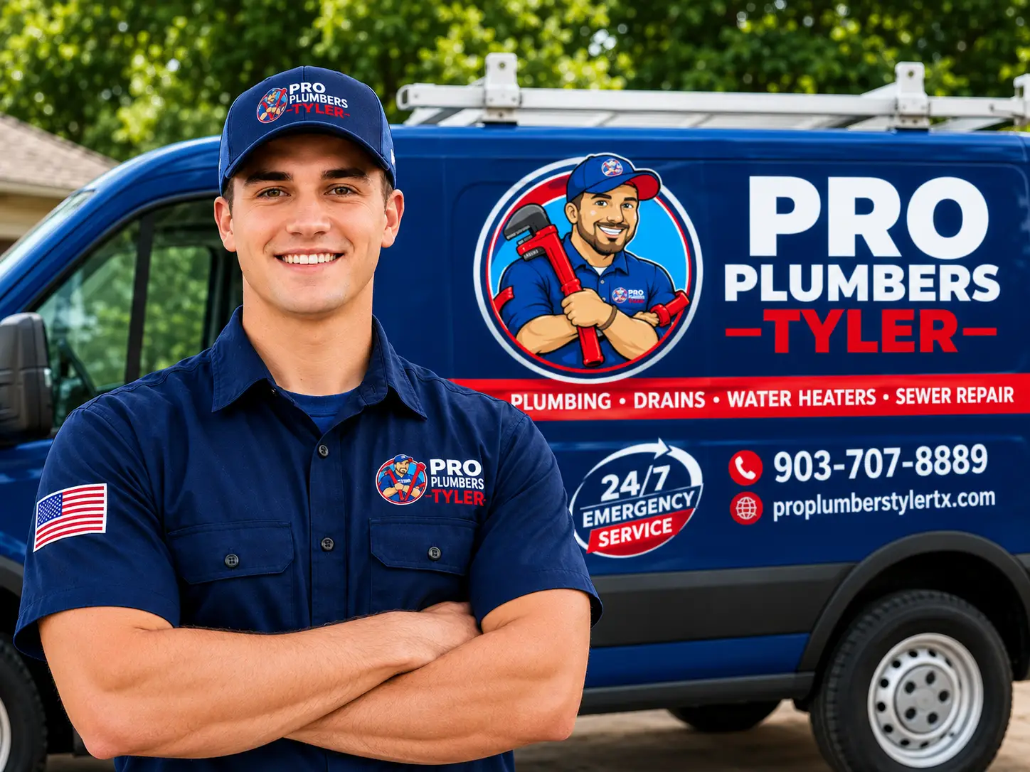 Pro Plumbers Tyler plumber standing in front of the 24/7 emergency service van in Tyler TX