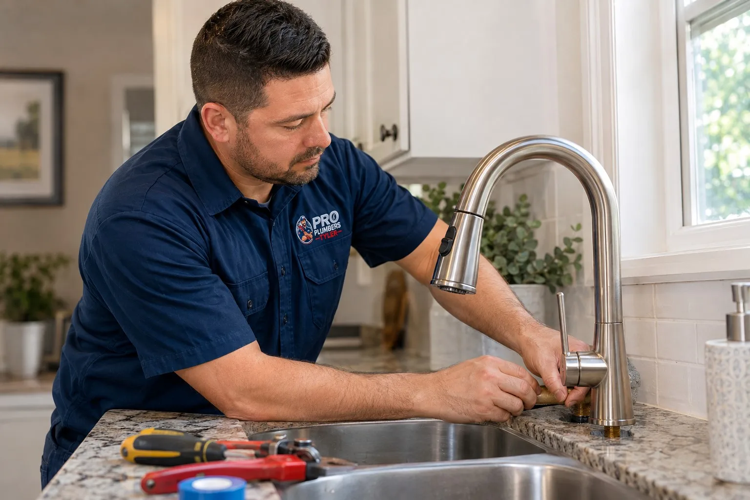 Plumber repairing a kitchen faucet in a Tyler TX home