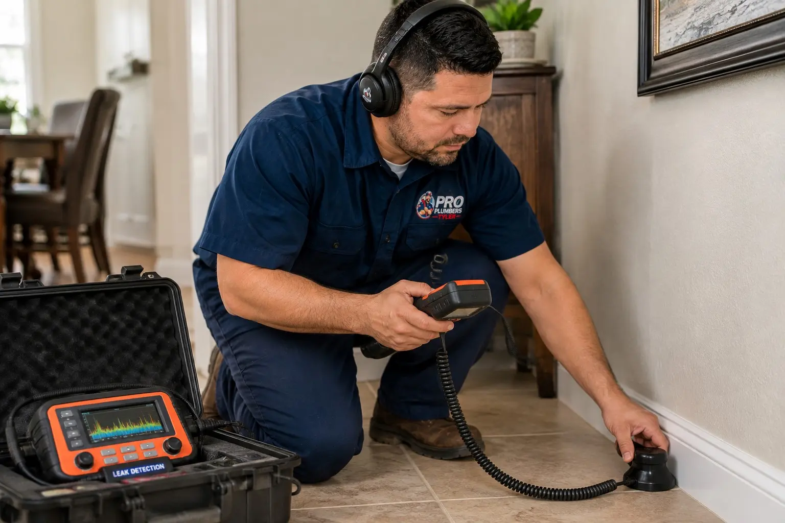 Plumber using acoustic leak detection equipment to find a hidden water leak in a Tyler TX home