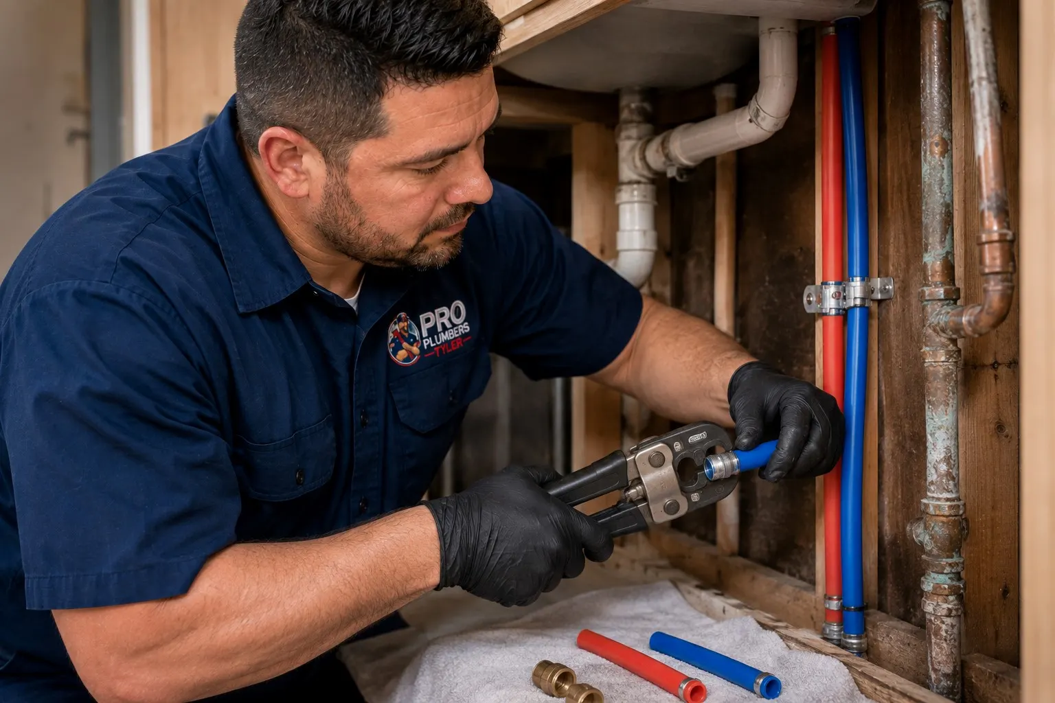 Plumber crimping a PEX pipe connection during an under-sink pipe repair in Tyler TX