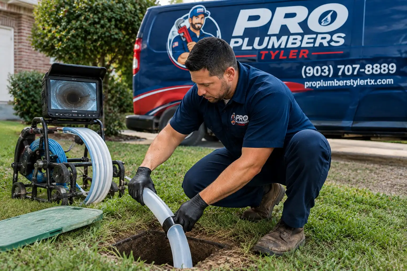 Plumber running a sewer camera inspection before a sewer line repair in Tyler TX