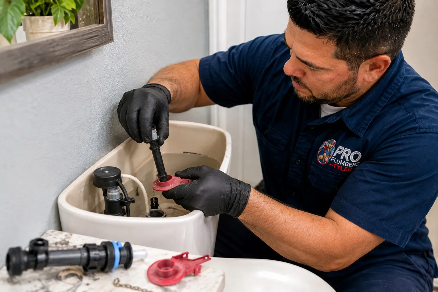 Plumber replacing the flush valve inside a toilet tank during a toilet repair in Tyler TX