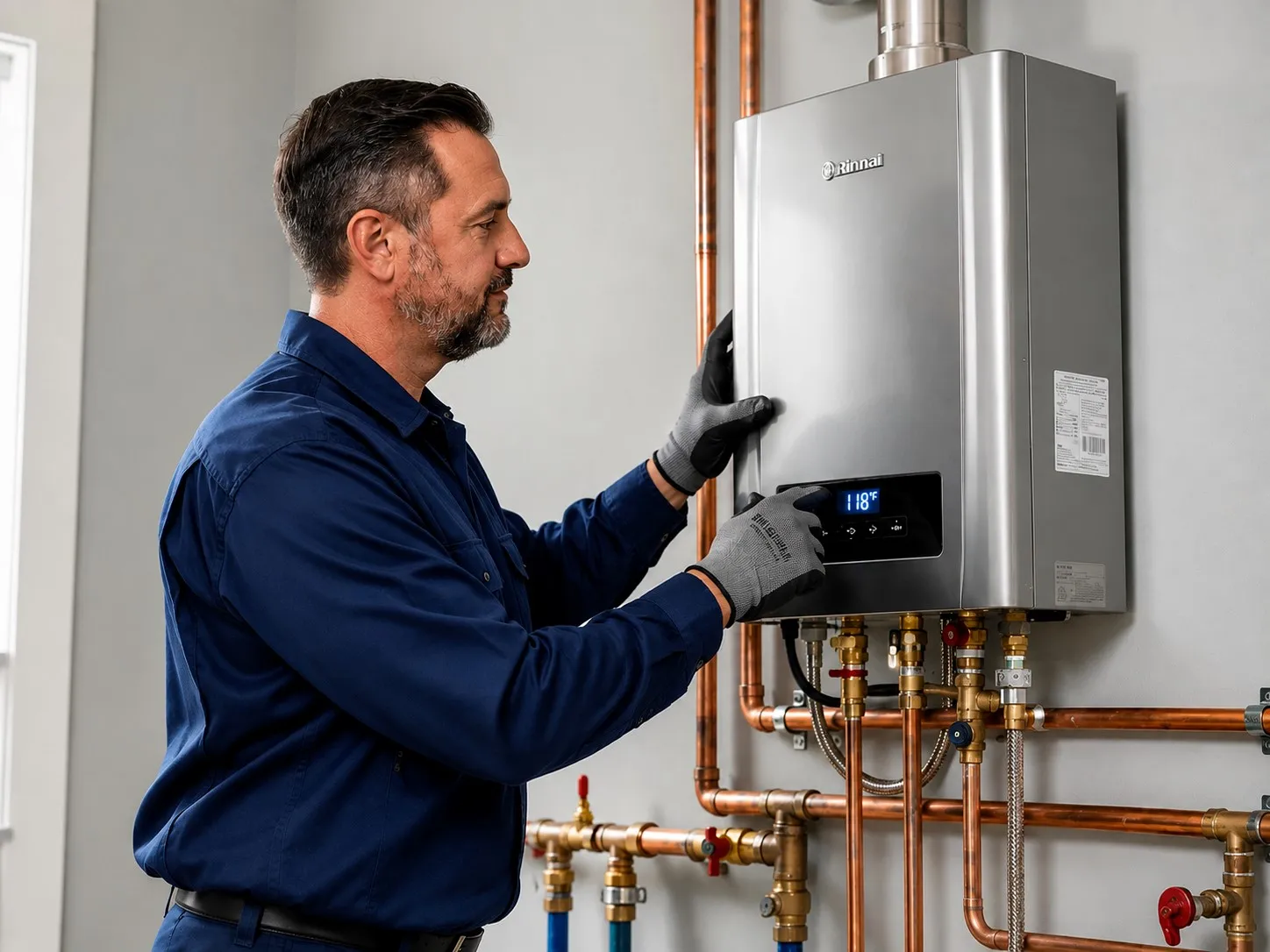 Plumber servicing a tankless water heater in a Tyler TX home